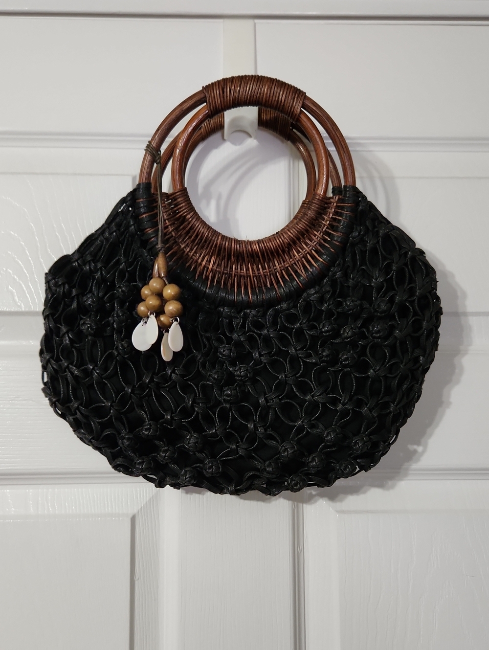 Coldwater Creek Black Macrame Bohemian Handbag with Round Wooden Double Handle